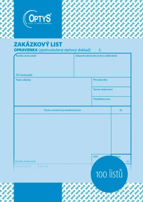 Zakázkový list A5, opravenka (100 listů) OP1048 OPTYS